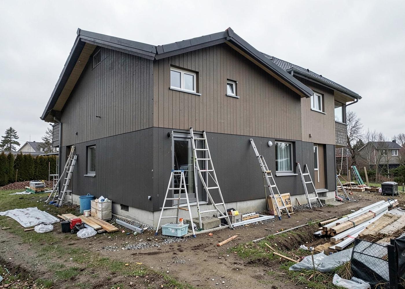Bolig under rehabilitering med ny kledning